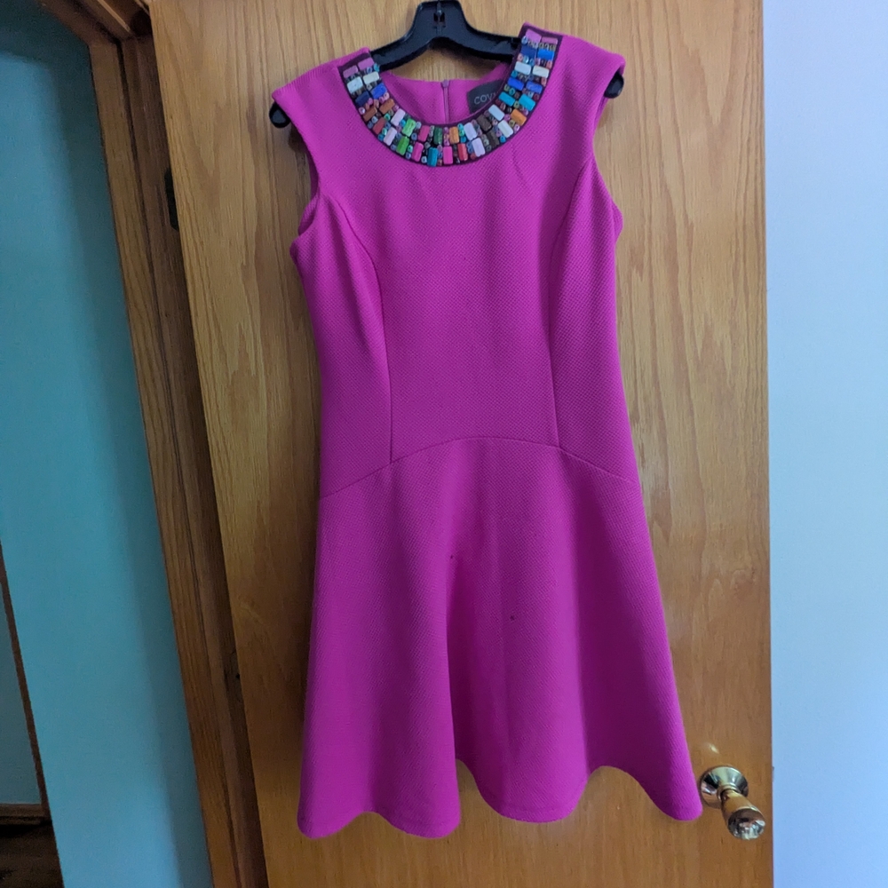 Pink Sleeveless Dress with Beaded Neckline